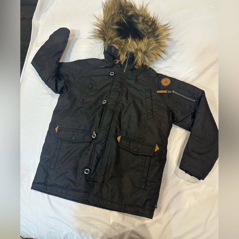 Tommy top Gun Kids Black Puffer Jacket with Faux Fur Hood - Picture 14 of 15